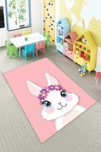 Alternative view of Pelangi Pembe Tavşan Desenli Yıkanabilir Kaymaz Taban Leke Tutmazbebek Ve Çocuk Odası Halısı, Pembe-Beyaz 100 x 300, 901357080100300
