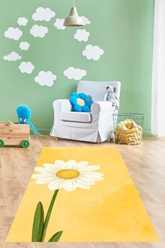 Pelangi Sarı Zemin Papatya Desenli Yıkanabilir Kaymaz Taban Leke Tutmaz Çocuk Odası Halısı, Sarı 160 x 300, 9076420245160300