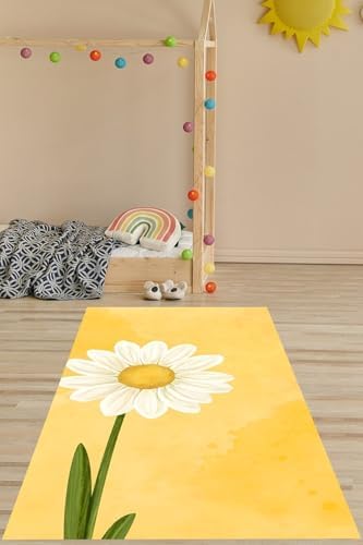 Alternative view of Pelangi Sarı Zemin Papatya Desenli Yıkanabilir Kaymaz Taban Leke Tutmaz Çocuk Odası Halısı, Sarı 160 x 300, 9076420245160300