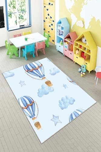 Pelangi Uçan Balon Desenli Dijital Baskılı Yıkanabilir Kaymaz Taban Çocuk Odası Halısı, Açık Mavi 60 x 200, 90OTC42HNG60200
