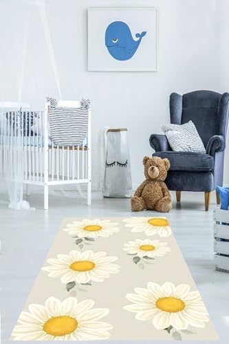 Pelangi Minimal Tarz Beyaz Sarı Papatyalar Yıkanabilir Kaymaz Taban Leke Tutmaz Çocuk Odası Halısı, Sarı-Beyaz 80 x 350