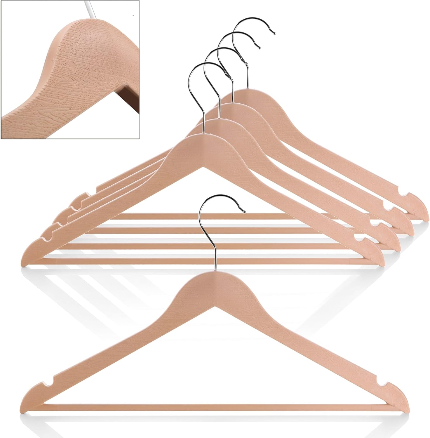 Alternative view of Ahşap Görünümlü Plastik Elbise Askısı (5 Adet) - Kaymaz Omuzlu, Şık ve Dayanıklı Giysi Askıları - Askılık, Dolap ve İçin (NATUREL)