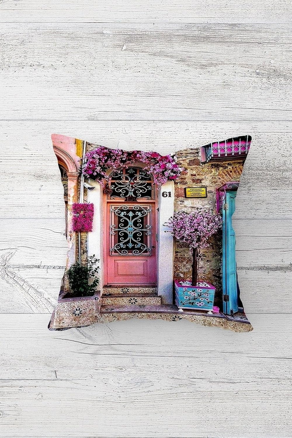 Pelangi Kapı Önü Manzaralı Çift Tarafı Baskılı Gizli Fermuarlı Yastık Kılıfı Kırlent Koltuk Yastık Kılıfı, pembe-mavi 45 x 45