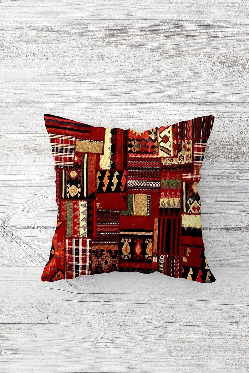 Pelangi Etnik Kilim Motifli Patchwork Çift Taraflı Gizli Fermuarlı Yastık Kılıf Kırlent Koltuk Yastık Kılıfı, bordo 45 x 45