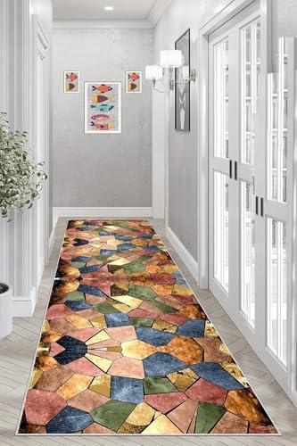 Pelangi Taş Desenli Renk Bloklu Dijital Baskı Yıkanabilir Kaymaz Taban Modern Salon Halısı, Karışık Renkli 100 x 150, 95555691001507