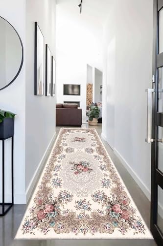 Pelangi Gül Desenli Dijital Baskı Yıkanabilir Modern Salon Halı ve Yolluk, Bej 60 x 120, 9554527601207