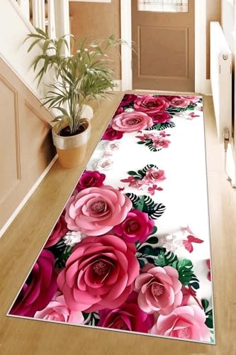 Pelangi Gül Desenli Dijital Baskı Yıkanabilir Kaymaz Taban Salon Halısı ve Yolluk (Gri), Pembe-Beyaz 100 x 350, 95541301003507