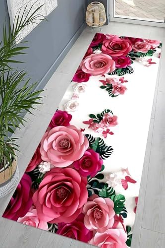 Alternative view of Pelangi Gül Desenli Dijital Baskı Yıkanabilir Kaymaz Taban Salon Halısı ve Yolluk (Gri), Pembe-Beyaz 100 x 350, 95541301003507