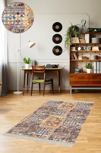 Pelangi Kırkyama Patchwork Desenli Etnik Dijital Baskı Yıkanabilir Kaymaz Taban Salon Halı Yolluk, Bej-Mavi 60 x 120