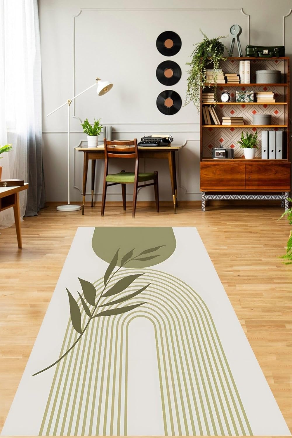 Alternative view of Pelangi Yeşil Tarz Yapraklı Şekilli Minimal Yıkanabilir Kaymaz Taban Leke Tutmaz Salon Halısı Yoluk, Yeşil-Gri 80 x 200