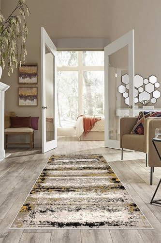 Pelangi Gri Batik Desen Renk Geçişli Yıkanabilir Kaymaz Taban Leke Tutmaz Modern Salon Halısı ve Yolluk, Hardal-Bej 100 x 500, 74571224100500728