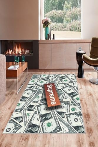 Pelangi Yeşil Dolar Desenli Yıkanabilir Kaymaz Taban Leke Tutmaz Modern Salon Halısı Ve Yolluk, Yeşil 100 x 150, 135828810015005