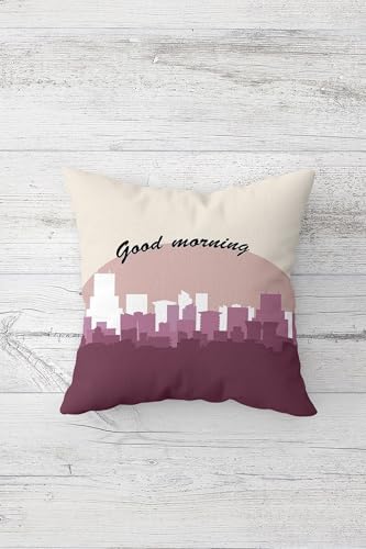 Pelangi Good Morning Şehir Temalı Çift Tarafı Baskı Gizli Fermuar Yastık Kılıfı Kırlent Koltuk Yastık Kılıfı, gül kurusu 45 x 45
