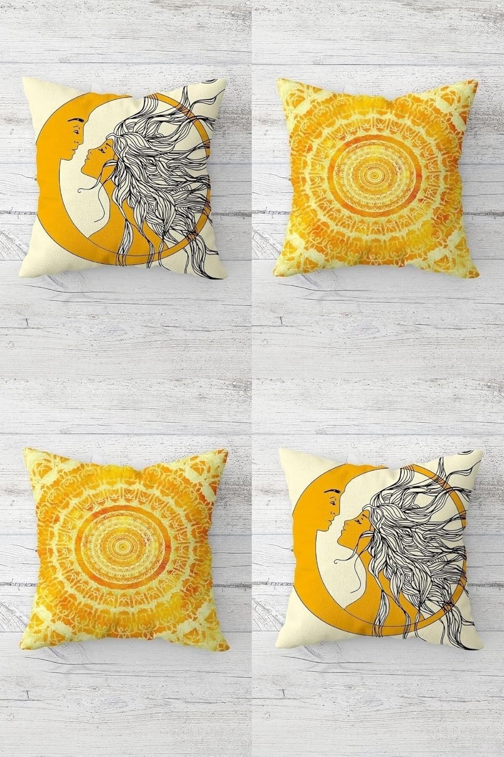 Pelangi Batik Desenli Ay Ve Güneş Kız Tema Gizli Fermuarlı Kırlent Kılıfı Koltuk Yastık Kılıfı Takım(4adet), Sarı-Gri 45 x 45