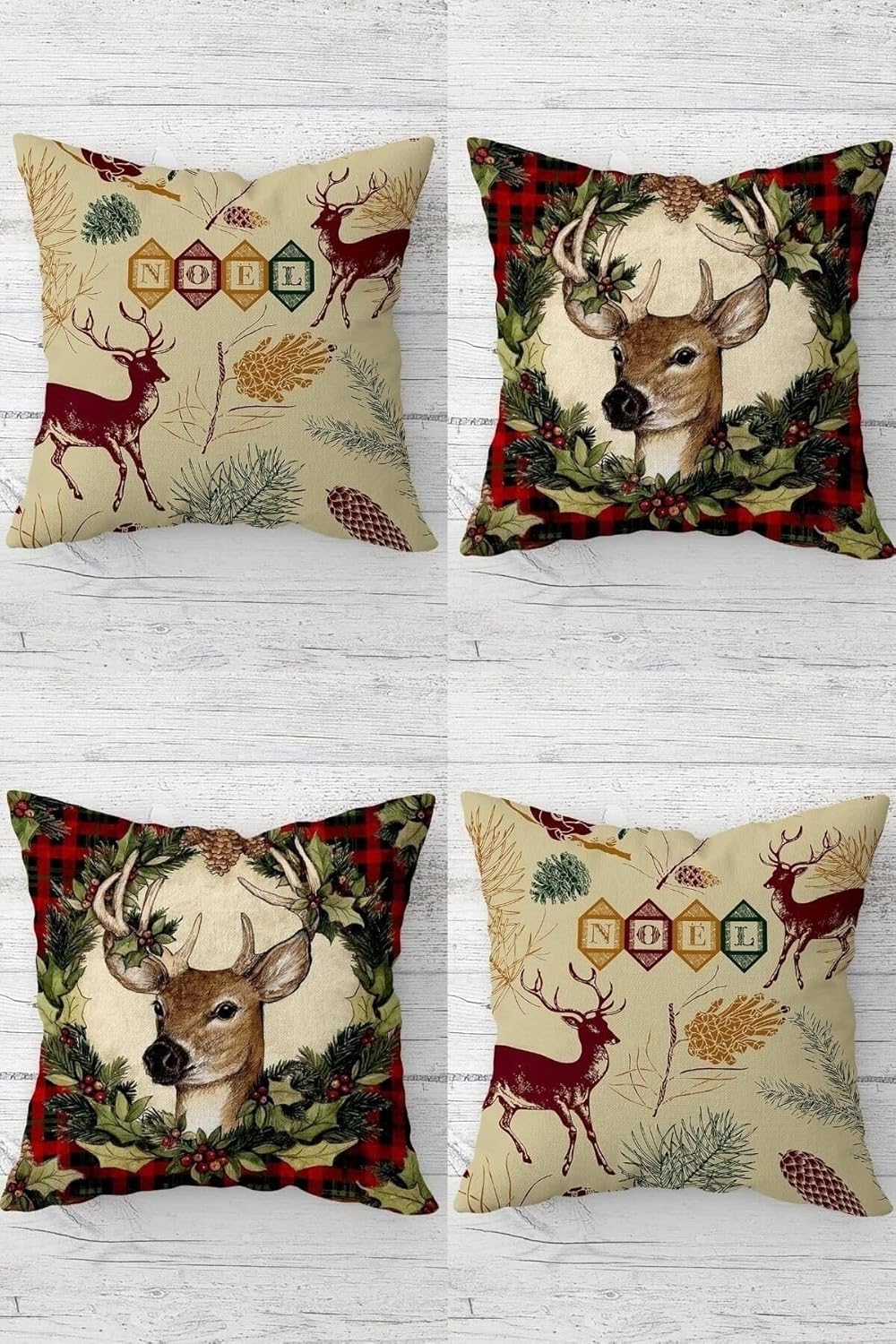 Pelangi Yılbaşı Geyik Christmas Gizli Fermuarlı Kırlent Kılıfı Koltuk Yastık Kılıfı Takım(4adet), Yavruağzı-Siyah 43 x 43