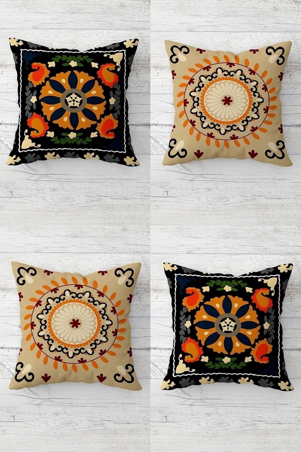 Pelangi Etnik Desenli Bohemian Gizli Fermuarlı Kırlent Kılıfı Koltuk Yastık Kılıfı Takım(4adet), Turuncu-Kahve Bej 45 x 45