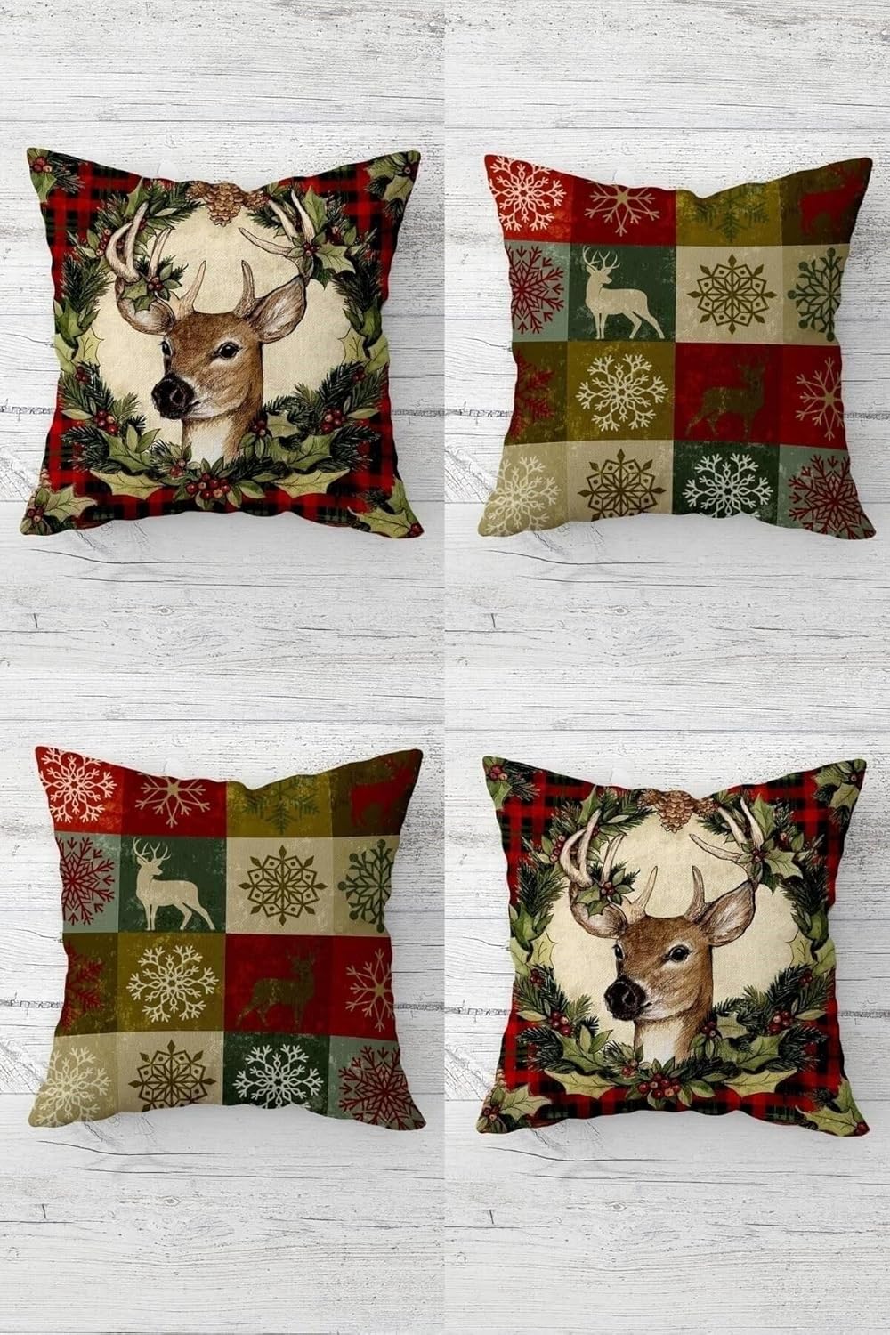 Pelangi Geyik Kokina Çiçek Ekose Yılbaşı Christmas Gizli Fermuarlı Kırlent Kılıfı Yastık Kılıfı Takım(4adet), Bordo-Yeşil-Bej 43 x 43