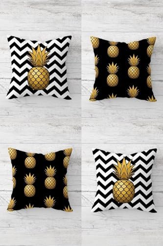 Pelangi Ananas Ve Meyve Desenli Gizli Fermuarlı Kırlent Kılıfı Koltuk Yastık Kılıfı Takım(4adet), -Siyah Beyaz 45 x 45