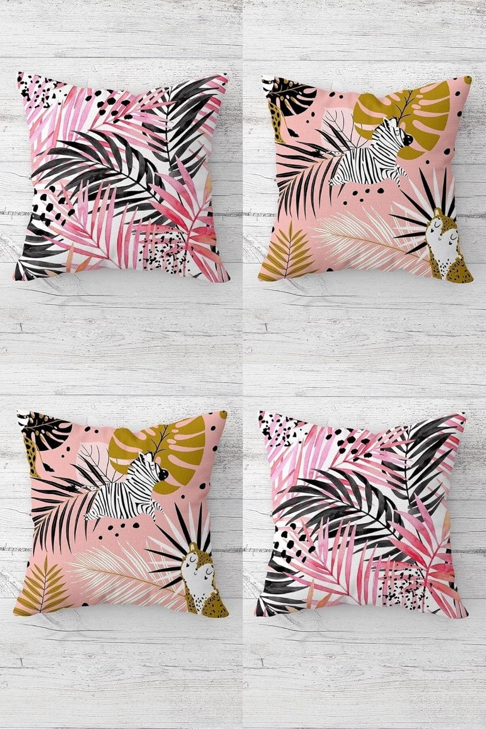 Pelangi Zebra Ve Yaprak Desenli Gizli Fermuarlı Kırlent Kılıfı Koltuk Yastık Kılıfı Takım(4adet), Pembe 45 x 45
