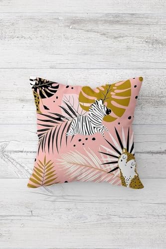 Alternative view of Pelangi Zebra Ve Yaprak Desenli Gizli Fermuarlı Kırlent Kılıfı Koltuk Yastık Kılıfı Takım(4adet), Pembe 45 x 45