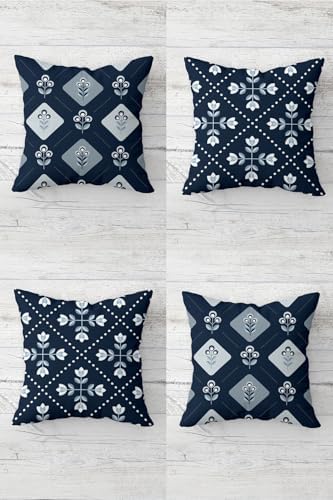 Pelangi Lacivert Mini Çiçekler Gizli Fermuarlı Kırlent Kılıfı Koltuk Yastık Kılıfı Takım(4ADET), Lacivert-İndigo 45 x 45