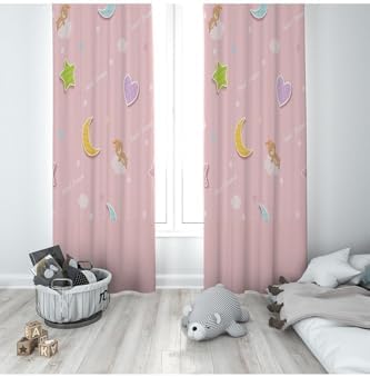Pelangi Pembe Ay Kalp Ve Ayıcık Desenli Dijital Baskı Yıkanabilir Bebek Çocuk Odası Fon Perdesi, açık pembe-sarı 140 x 240