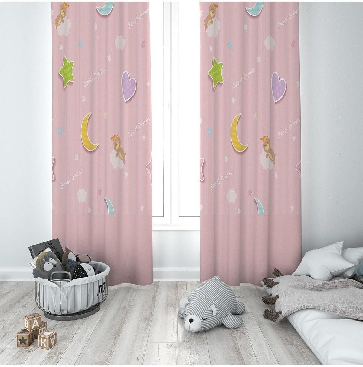 Alternative view of Pelangi Pembe Ay Kalp Ve Ayıcık Desenli Dijital Baskı Yıkanabilir Bebek Çocuk Odası Fon Perdesi, açık pembe-sarı 140 x 240