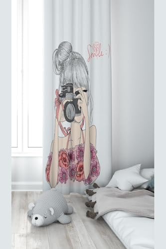 Pelangi Beyaz Fonlu Fotoğref Çeken Kız Desenli Dijital Baskı Yıkanabilir Bebek Çocuk Odası Fon Perdesi, pembe-beyaz 70 x 200