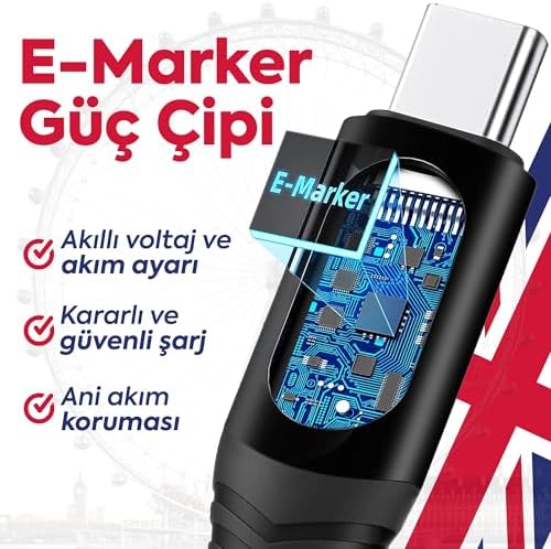Alternative view of 100W Type-C to Type-C Dijital LED Ekranlı Göstergeli Hızlı Şarj Kablosu E-Mark Çipli, Dayanıklı Örgülü, 1.2m, USB-C PD 3.0, 15 16,17 Telefon, Tablet ile Uyumlu