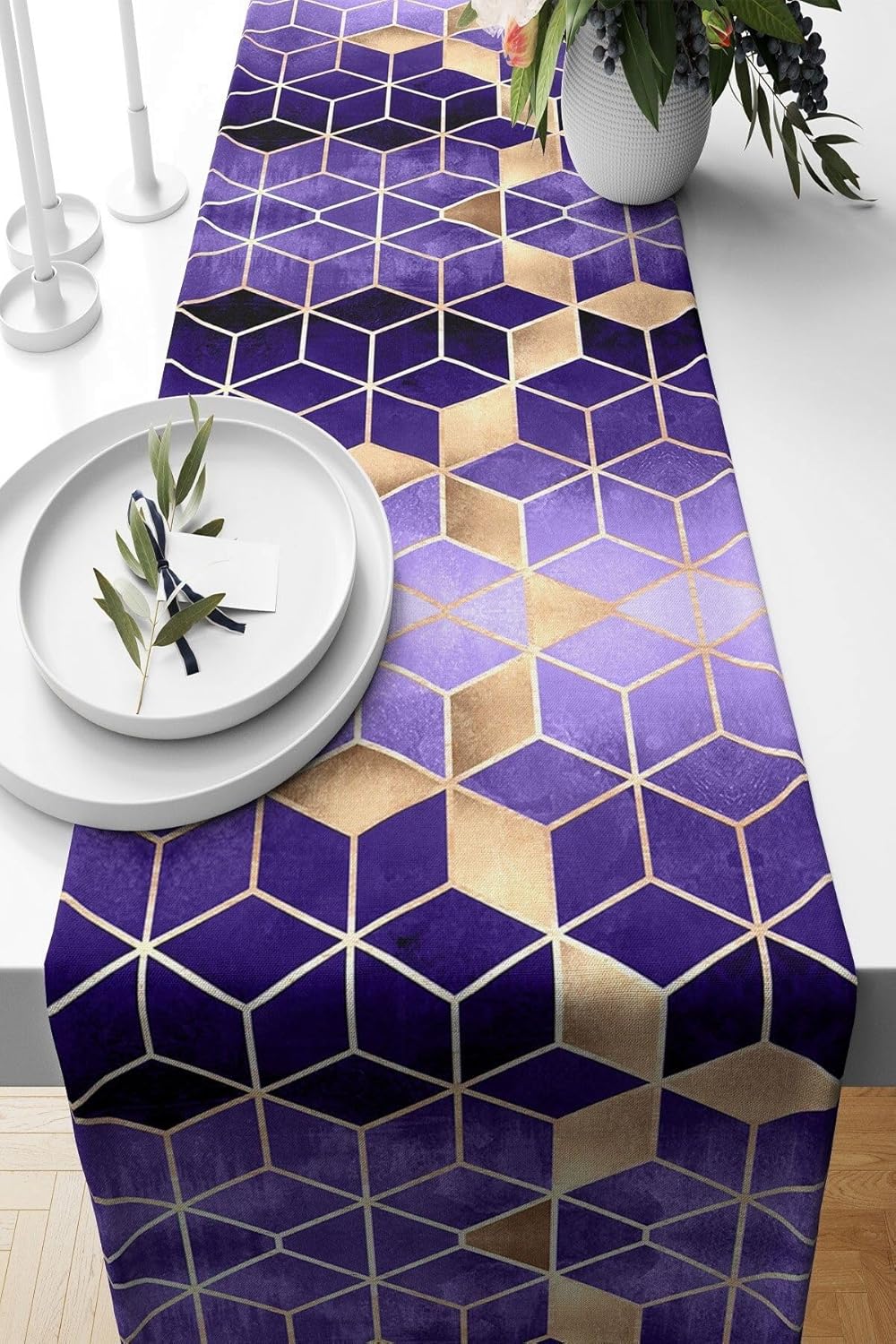 Pelangi Mavi Geometrik Desenli Leke Tutmaz Kumaş Salon Mutfak Masa Değişik Ranır Modelleri -Mor 40 x 140