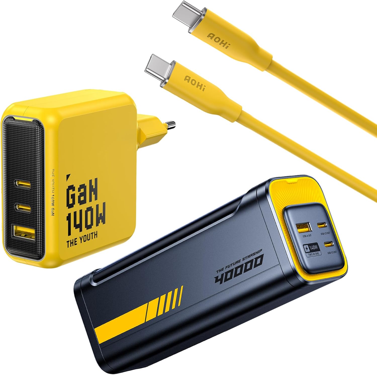 Alternative view of Youth 140W 3 Portlu Şarj Adaptörü, 40.000 mAh 140W PD3.1 Powerbank, 140W 1m PD 3.1 480Mbps Süper Hızlı Şarj/Data Kablosu Seti