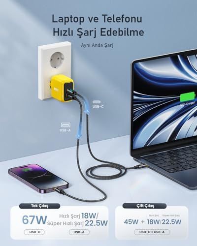 Alternative view of Magcube 67W 2 Portlu Şarj Adaptörü, 27.600 mAh 240W PD3.1 Powerbank, 140W LED Ekranlı Naylon Örgülü Süper Hızlı Şarj/Data Kablosu Seti