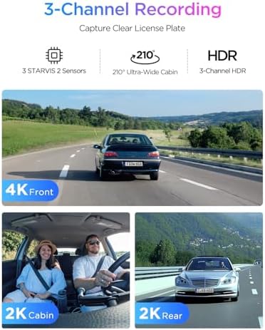 Alternative view of A329S 3 Kameralı Ön+Arka+İç 4K+2K+2K Wi-Fi 6 HDR STARVIS 2 Sensör GPS'li SSD Destekli Araç Kamerası