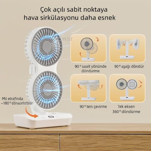 Alternative view of Çift Başlı Taşınabilir USB Şarjlı Fan, LED Gece Lambası ve 5000mAh Pil ile Uzun Çalışma Süresi, Ayarlanabilir Hız ve 270° Dönebilir Kafalar, Ev, Ofis, Kamp için İdeal (CZ-01X - Beyaz)