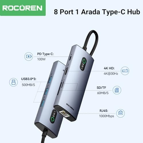 8 Portlu 4K 30Hz Gigabit Ethernet SD TF Kart Okuyuculu 3*USB3.0 PD 100W Destekli Hub Çoklayıcı