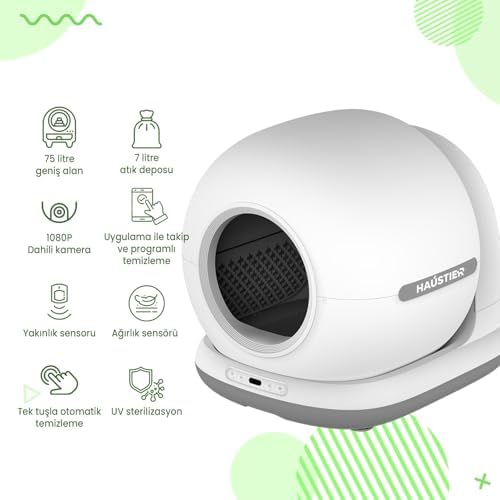 Haustier CB002 Kameralı Akıllı Otomatik Kedi Tuvaleti, APP ile Uzaktan Kontrol, 72lt Hazne, 7lt Çöp haznesi (Gri)