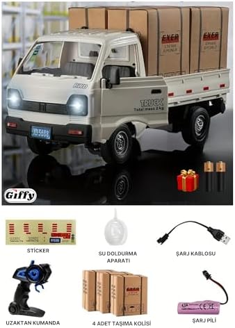 Giffy/Uzaktan Kumandalı RC Kamyonet,Yük Taşıma Aracı,Sesli,Işıklı,Şarjlı,(Pil Hediyeli),2.4 Ghz Araç, Koli Taşıyabilen Nakliye Kamyoneti (Beyaz)