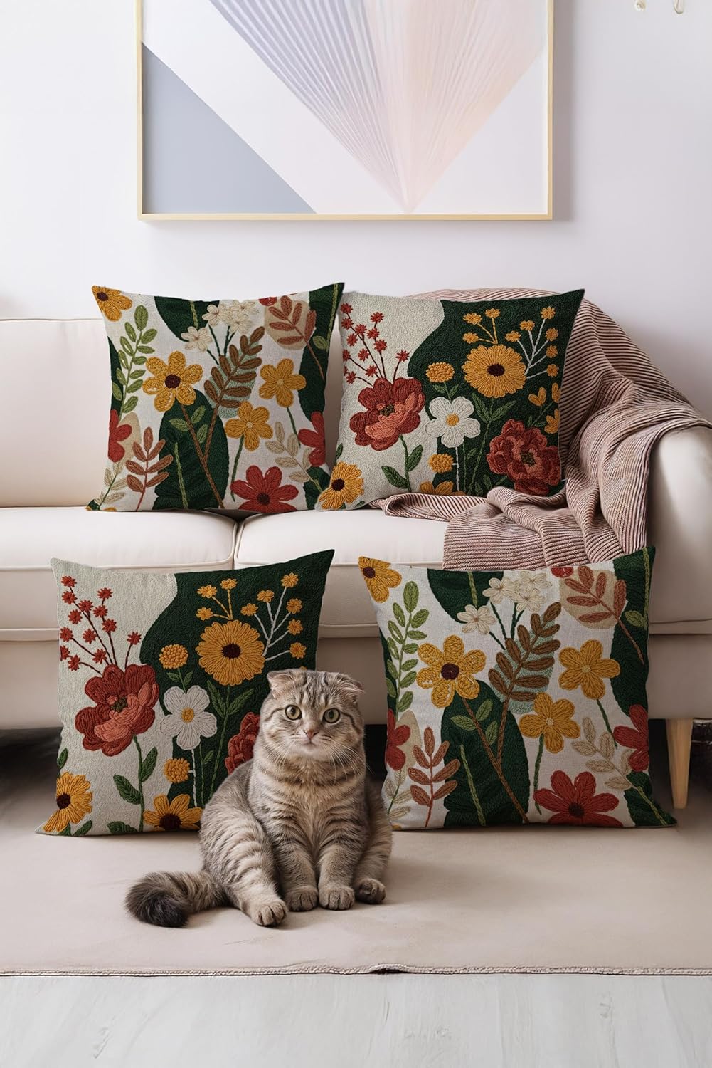 Sonbahar Temalı Çiçek Desenli Kırlent Kılıfı, 43x43 cm, 4lü Set, İtalyan Kadife ve Kumaş