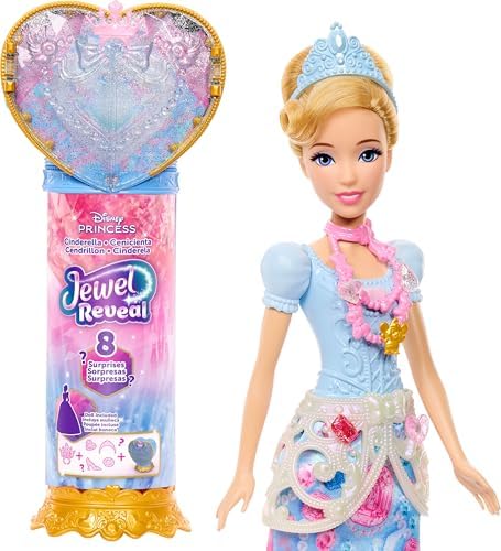 Mattel Filmden ilham alan Mattel Prensesi Cinderella bebek, aksesuarlar, kalp şeklinde değerli taş kutusu ile çocuk yüzüğü dahil 8 sürpriz ve 9 parça, JHL50