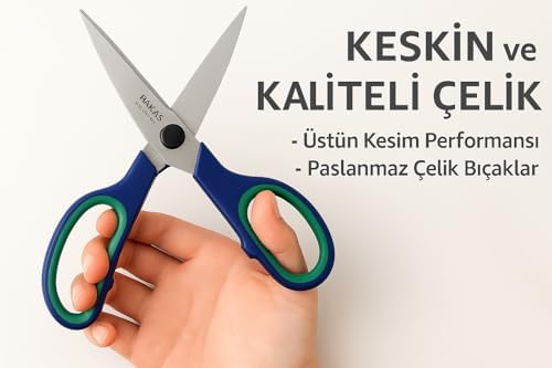 21.5 cm Paslanmaz Çelik Büyük Ofis Makası – Ergonomik Kauçuk Saplı, Yeşil-Lacivert Renkli, Ev & Büro Tipi