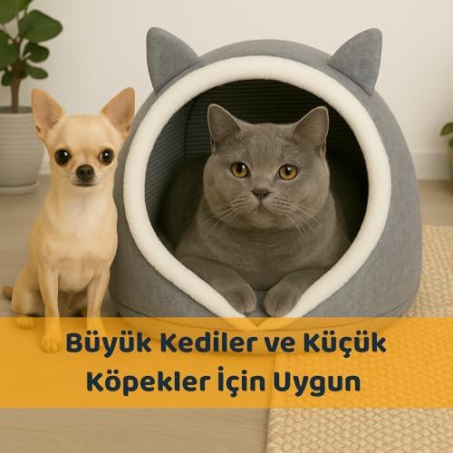 Beylini Kedi Köpek Evi Katlanabilir Evcil Hayvan Yatağı Peluş Yastık Hediyeli Dekoratif Kedi Köpek Yaşam Alanı (Gri, L)