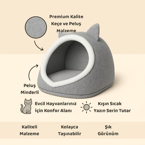 Alternative view of Beylini Kedi Köpek Evi Katlanabilir Evcil Hayvan Yatağı Peluş Yastık Hediyeli Dekoratif Kedi Köpek Yaşam Alanı (Gri, L)