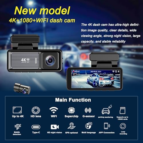 MINI Çift Lensli WiFi GPS Kamera - 4K Ön Kamera & 1080P Arka Kamera, Gece Görüşü, Modu, Geniş Açılı Lens, Döngüsel Kayıt, 128GB SD Kart Desteği (Dahil değildir) M6