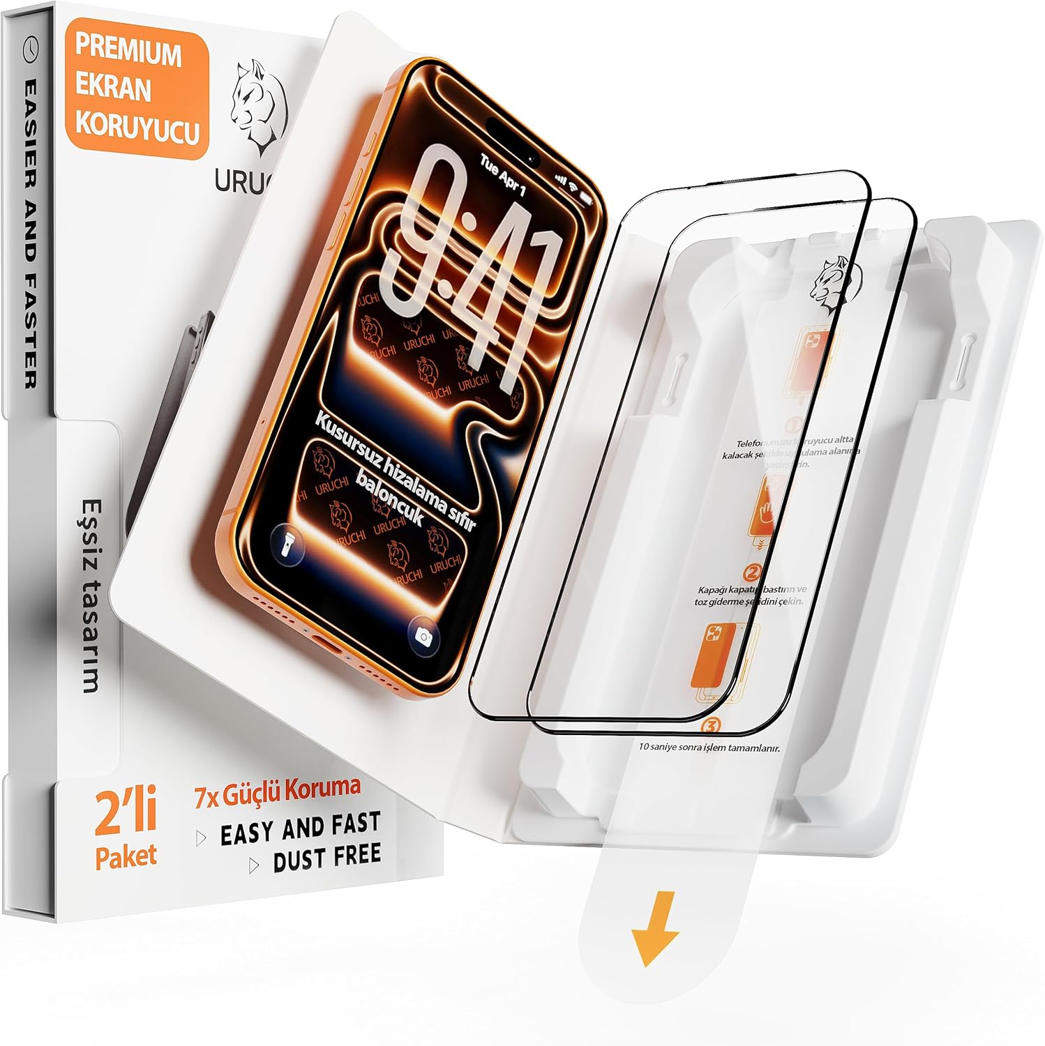 Premium 16 Pro/ 17 Ekran Koruyucu 2'li Paket, Ultra HD Netlik & İnce Siyah Çerçeve, 9H+ Kırılmaz Cam, Tam Kaplama, UltraFit Kurulum Aparatı