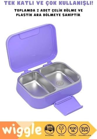 Bento 1030ml Lunchbox Tek Katlı 2 Bölmeli Paslanmaz Çelik Sefer Tası Yemek Kutusu (Mor)