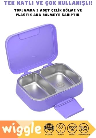 Bento 1030ml Lunchbox Lisanslı Tek Katlı 2 Bölmeli Paslanmaz Çelik Sefer Tası Yemek Kutu (Mor1)