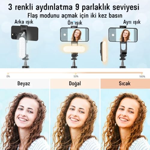 LED Işıklı Selfie Çubuğu & – 111 cm Uzatılabilir, 360° Döner Telefon Tutucu, Çıkarılabilir Bluetooth Kumanda, 3 Renk Modu & 9 Parlaklık Seviyesi, ve ile Uyumlu