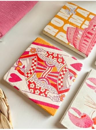 Modern Art Tasarımlı Bardak Altlığı Roma, Pembe ve Turuncu Kolezyum, iskambil ve motto temalı