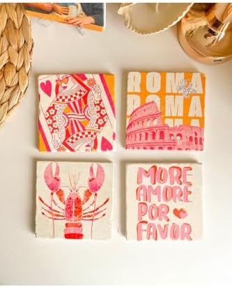 Alternative view of Modern Art Tasarımlı Bardak Altlığı Roma, Pembe ve Turuncu Kolezyum, iskambil ve motto temalı
