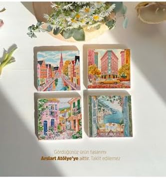 ve Yaz Avrupa Şehir Temalı Taş Bardak Altlıkları - 4’lü Set çiçekli ve renkli